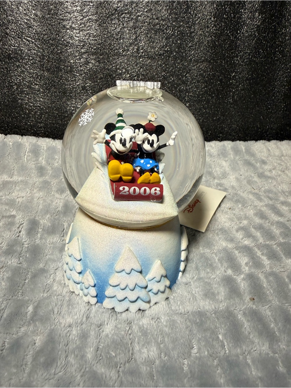Disney Mickey & Minnie Holiday Globe with Red Sled and Blue Dress